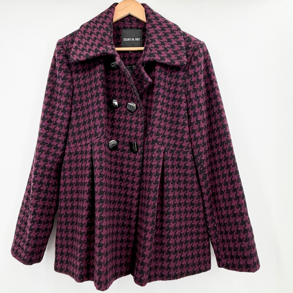 Whimsigoth Witchy Purple Black Houndstooth Wool Blend Pea Coat Large Fall Winter